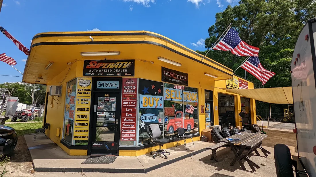 The yellow Myhree Motors building on North Main Street in Williston, Florida