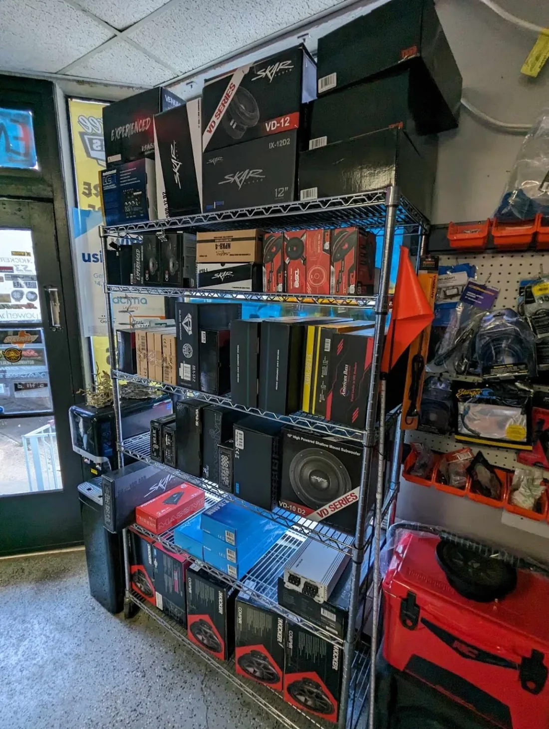 The audio wall inside the shop at Myhree Motors